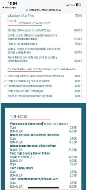 Menú  at Restaurante Atalaya in Torla-ordesa