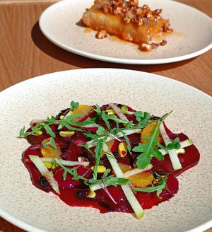 Beetroot carpaccio 🫜 feta crispy roll in the bg at Acai Plant Based Hotel & Restaurant in Rhodes