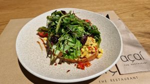 Brunch: scrumled tofu on bread at Acai Plant Based Hotel & Restaurant in Rhodes
