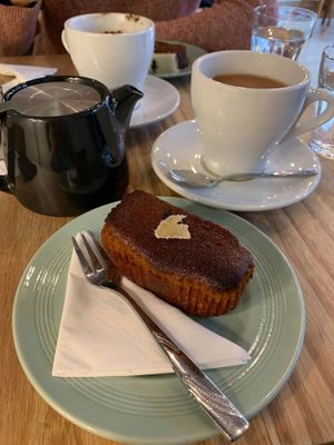 Ginger cake and rooibos tea (with oat milk) at Eden Cafe in Witney