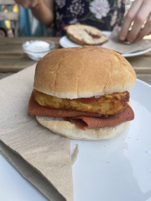 Brioche bacon and hash brown  at Eden Cafe in Witney