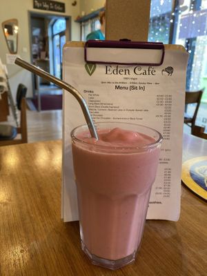 Strawberry soy milk shake  at Eden Cafe in Witney
