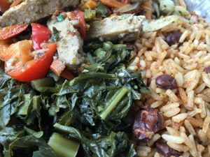 Vegan jerk chicken w rice and peas plus callaloo  at Sunrise Caribbean in Washington