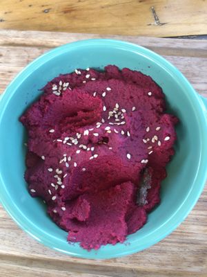 beet hummus so delicious!   at Luna y Sol Atitlán - Co-living & Restaurante Vegetariano in San Pedro La Laguna