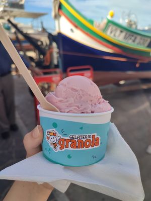 Pomegranate sorbet was delicious! at Gelateria Granola in Marsalforn