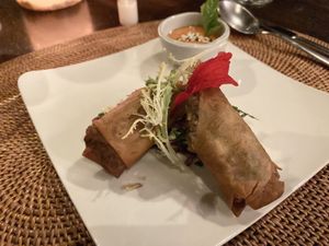 Banana blossom spring rolls  at Sakti Dining Room in Mambal