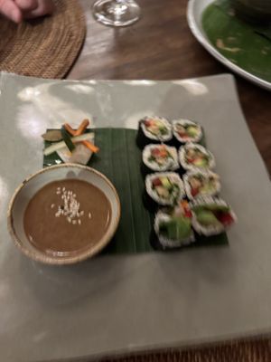 Unfortunately blurry - but so good! Tempeh nori avo roll  at Sakti Dining Room in Mambal