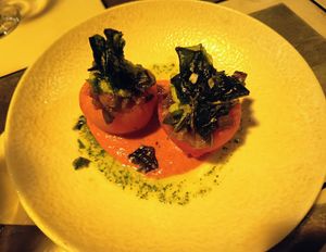 Vegan stuffed tomato starter at Viana Barcelona in Barcelona