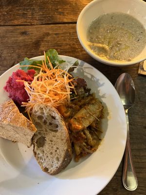 mushroom soup with soy milk, salad and homemade bread   at Levain Shinshu Ueda - ルヴァン 信州上田店 in Ueda