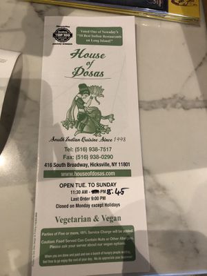 To go menu   at House of Dosas in Hicksville