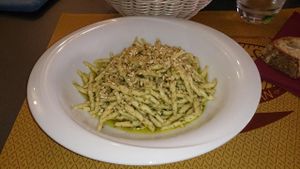 Trofie pasta with sage and cashew pesto at So What?!? in Rome