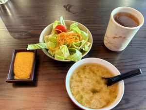 Miso soup has no fish in the broth and the carrot ginger orange dressing is fresh and homemade   at Iwa Sushi & Grill in Wenatchee