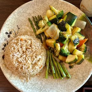 “Hibachi grilled veggie” was asparagus, fried rice (asked for egg to be left out), and side of veggies was simple and delicious (may be slightly salty for some-I like it!)  at Iwa Sushi & Grill in Wenatchee