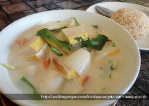 TomKha. Made with Tofu, lemon grass and coconut milk at Kanlaya Vegetarian in Chiang Mai