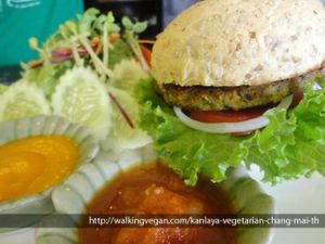 Vegan Burger. Just ok, but great sauces. at Kanlaya Vegetarian in Chiang Mai