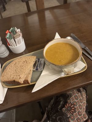 This is the vegan soup of the day (pumpkin and lentil!). They gave me normal butter with it, but that’s probably because I didn’t specify I was vegan when ordering    at Bessie's Cafe in Dunfermline