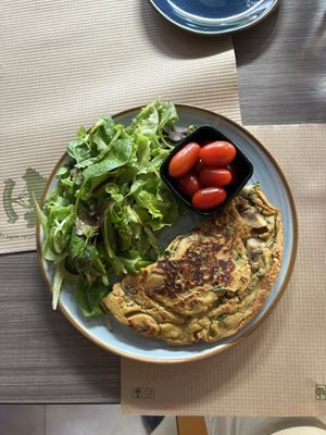 Delicious Chickpea Omelette w/fresh mushrooms and herbs  at The 11 Concept in Volos