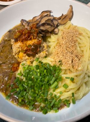 Hummus with noodle? Perilla seed oil + gosari + hummus. Interesting combination!   at Gosari Express in Seoul