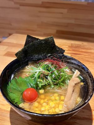 Vegan ramen menu available outside the restaurant. Four flavors: soy sauce, salt, miso, and curry. All made with plant-based ingredients.   at Mentetsu - 麺哲 in Himeji