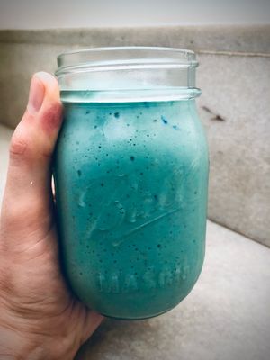 Blue moon Smoothie, with bananas, blue spirulina, probiotics, coconut mylk, vanilla & dates. 
If you don't like coconut, no worries! You can choose any housemade mylk! at La Maison in Anjuna