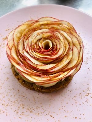 The French apple pie revisited! with a gluten-free crust, vanilla pastry cream, and organic red apples. Yummy and guilt-free! at La Maison in Anjuna