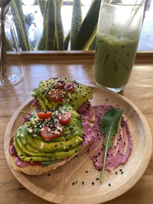 Avocado and beetroot sourdough with an iced oat milk matcha latte  at The butterfly effect. in Chiang Mai