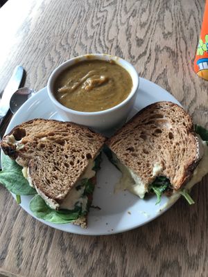 Mozzarella sandwich and dill/potato soup. Both excellent! at Nectar Cafe in Portland