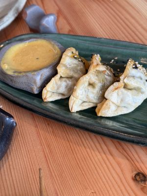 These veggie goyzas were perfect and the mustard sauce was perfect!  at Sibuya Urban Sushi Bar  in Merida