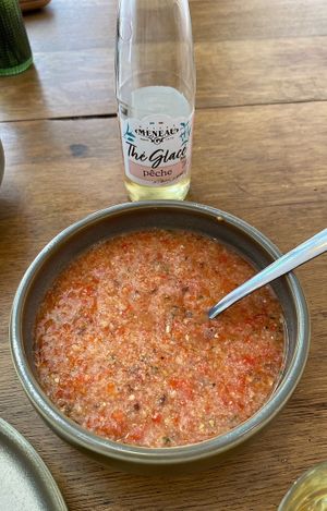 Gazpacho and peach tea  at Land & Monkeys in Bordeaux