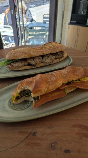 Chicken baguette and Bacon Mimosa at Land & Monkeys in Bordeaux