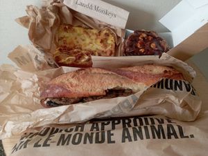 Focaccia Lardon, Sandwich Fermier and Cookie Monkey at Land & Monkeys in Bordeaux
