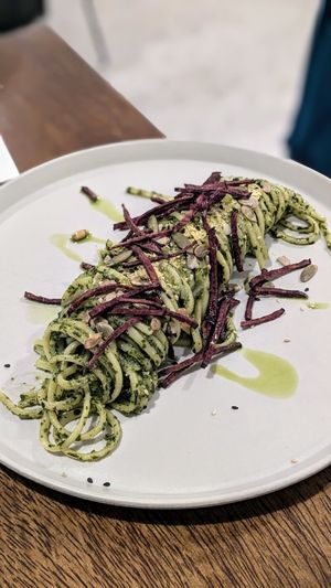 Misso pesto linguini with purple sweet potato paille at Tau Cozinha in Sao Paulo