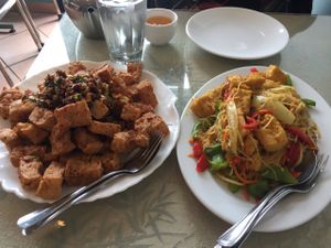 Crispy fried chile tofu and Shanghai curry noodles at Lemongrass Cafe in Edmonton