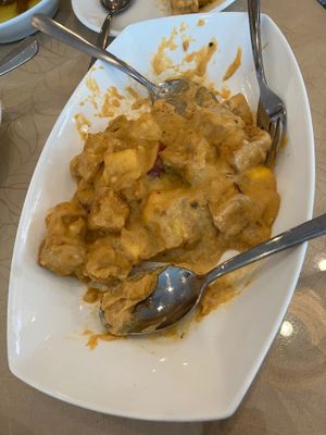 Tofu apple and mango curry.  We forgot to take a photo until after we served some at Lemongrass Cafe in Edmonton