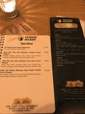 Vegan options on the menu  at Yangon Delight in Amsterdam