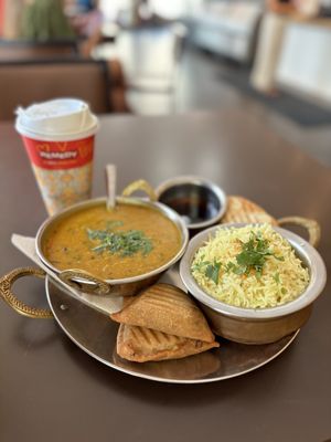 Vegan combo with chai, 2 samosas, & dahl   at Remedy Cafe - Jasper Ave in Edmonton