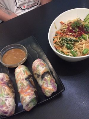 veggies wraps and a vegan noodle bowl at Wild Scallion in Penticton