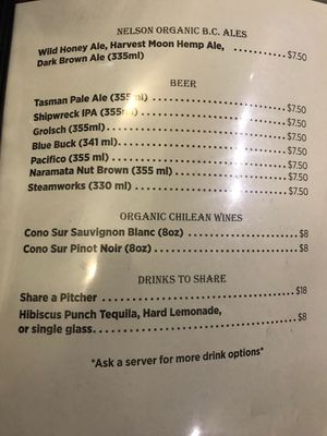Drinks menu at Wild Scallion in Penticton