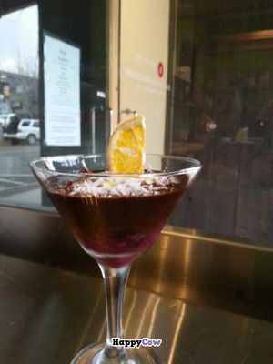 Raw Chocolate mousse with quince blueberry topping at Wild Scallion in Penticton