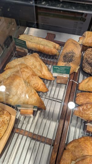 The three vegan savoury pastry options at Gregory's in Naxos