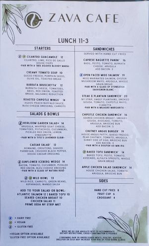Lunch Menu at Zava Cafe in Milton