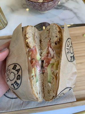 Vegan bagel with hummus  at Green Bagel Café in Aix-les-bains