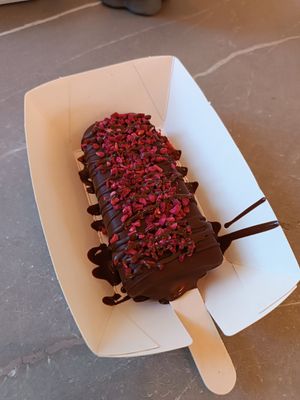 Salty caramel and dark chocolate, dipped in dark chocolate and lyophilized raspberry (way too sweet for us, but tasty) at Anjuna Ice Pops in Budapest