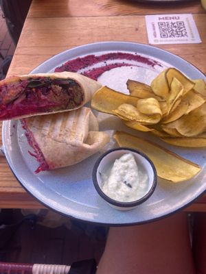 Delicious Mediterranean Falafel Wrap with plantains and not-vegan tzatziki   at Lulo Bar in Santa Marta