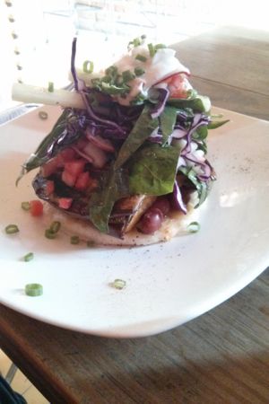 the Arepa Vegetariana with Eggplant, Plantains, Beans etc at Lulo Bar in Santa Marta