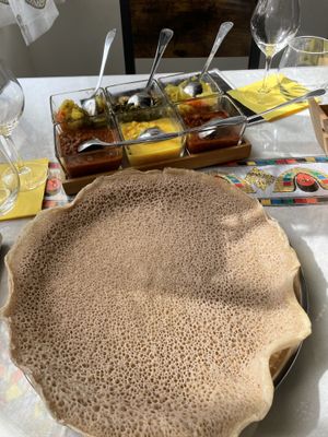 6 wonderful flavours on fresh injera  at Mrgda Vegano in Rome