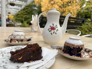 Tea & chocolate caramel cake   at Strathpeffer Victorian Railway Cafe in Strathpeffer