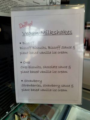 Vegan Milkshakes Sign at Dollop! Ice Cream Parlour in Llandudno