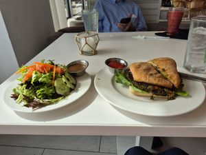 Vegan Burger and side salad. at Solstice Kitchen & Cocktails in Wrightsville Beach