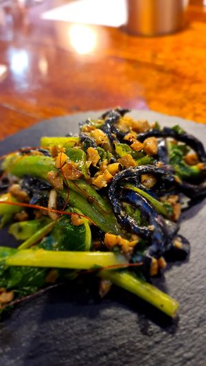 Charcoal noodles, preserved mustard greens and young broccoli at Shu in Collingwood